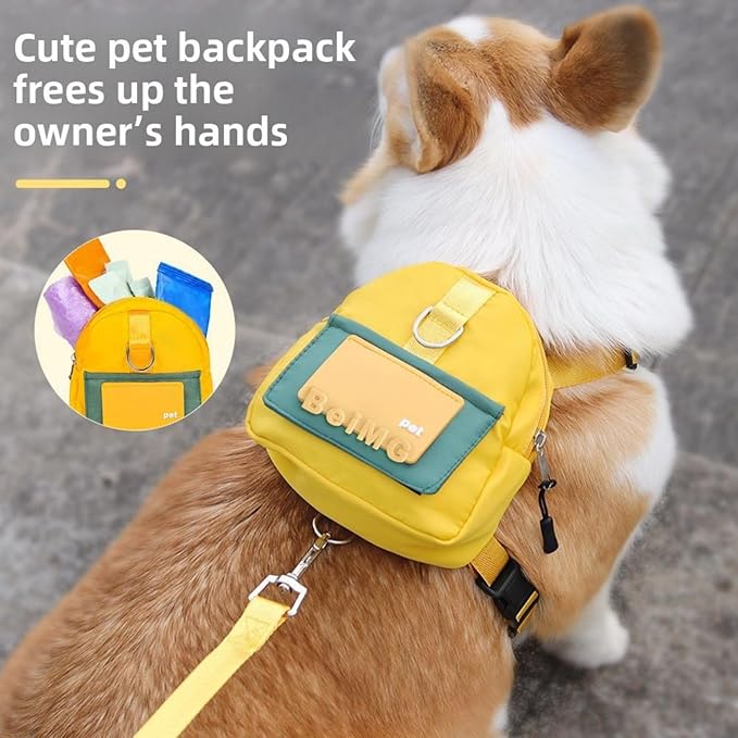Dog Backpack Strap Leash,Dog Harness with Poop Bag Dispenser,Adjustable and Waterproof,Dog Hiking Backpack,Suitable for Travel and Daily Walks (Yellow, M)