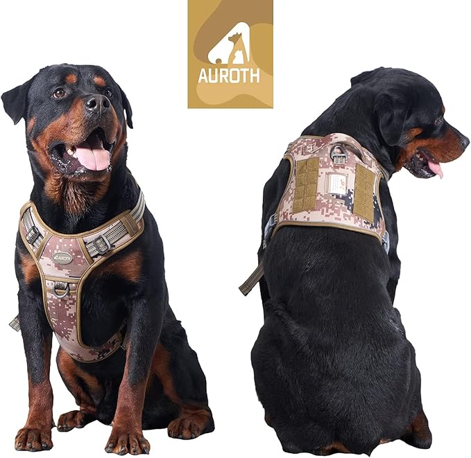 AUROTH Tactical Pet Harness for Large Dogs No Pull Adjustable, Reflective K9 Working Training Easy Control Vest Military fpr Service Dog Desert Camo L