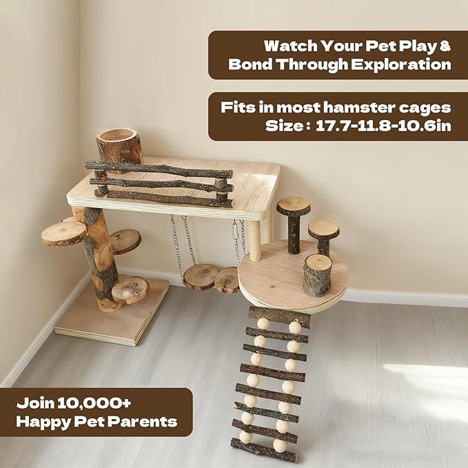 Hamster Playground & Climbing Toys Set, Natural Wooden Small Animal Activity Center with Ladder, Bridge, Ramp, Food Bowl, Multi-Room Hideout for Mice, Gerbils, Rats - Hamster Cage Accessories