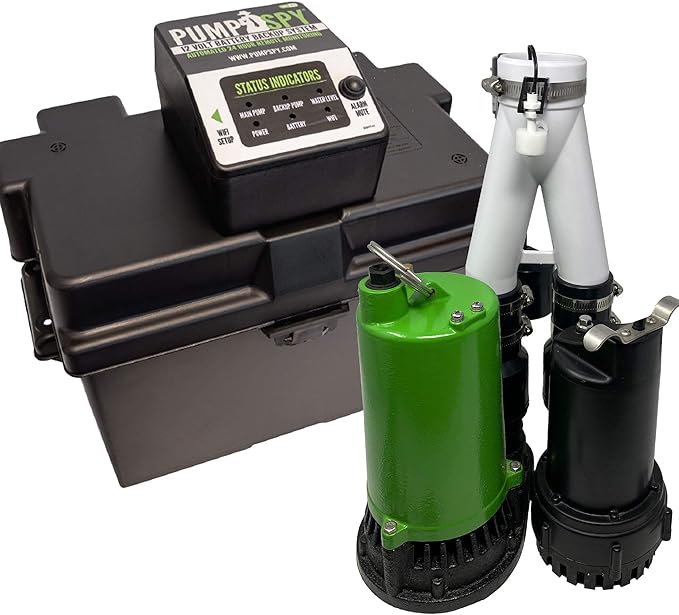 PumpSpy PS2000C Pre-Assembled SmartPump Combination Wi-Fi Connected 1/2HP Primary Sump Pump and 12V Battery Backup Sump Pump with Internet Monitoring & Alerts, Water Alarms for Basements
