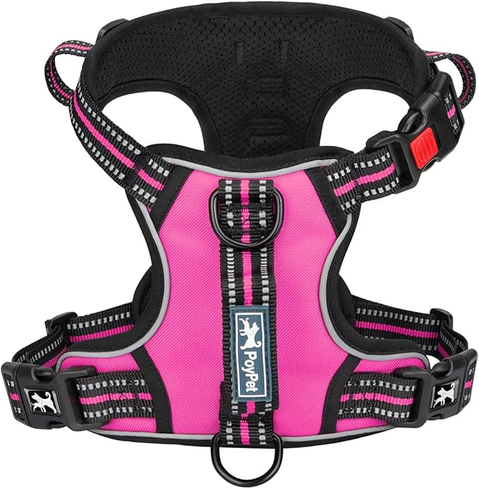 PoyPet No Pull Dog Harness, No Choke Front Clip Reflective Dog Vest with Soft Padded Vertical Handle, 3 Leash Attachments for Small Medium Large Dogs (Pink,S)