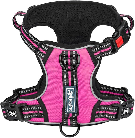 PoyPet No Pull Dog Harness, No Choke Front Clip Reflective Dog Vest with Soft Padded Vertical Handle, 3 Leash Attachments for Small Medium Large Dogs (Pink,XL)