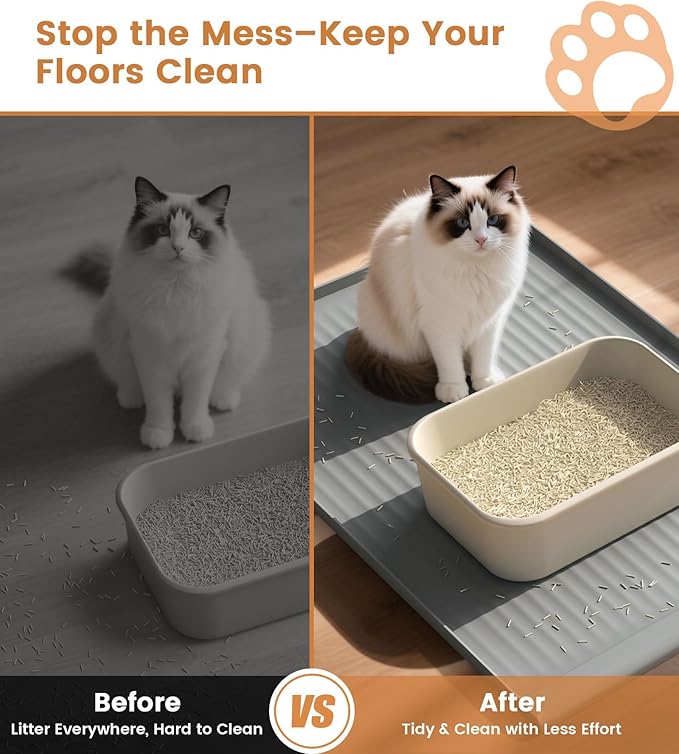 Cat Litter Mat 36x24 Inch, Silicone Litter Box Mat with Raised Edge and Diversion Groove, Waterproof Litter Trapping Mat, Easy to Clean Cat Mat for Litter Box, Grey