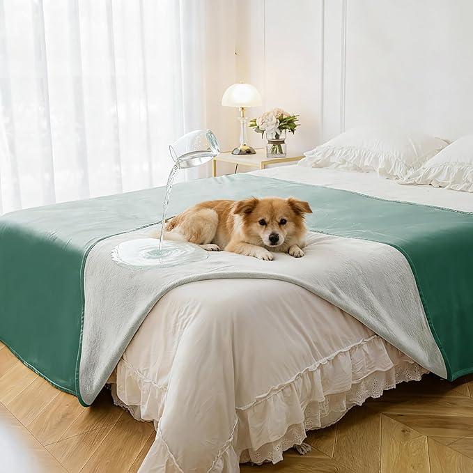 Waterproof Blanket for Bed, Leak Proof Dog Couch Blankets Reversible, Pet Throw Sofa Furniture Protector Machine Washable-82 x120,Green+Cream