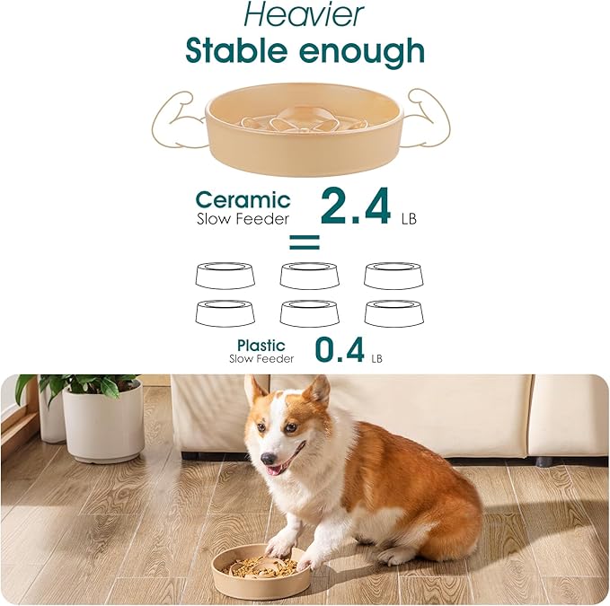 vancasso Slow Feeder Dog Bowl, 1.5 Cups Ceramic Slow Feeder for Medium Breed, Puzzle Maze Dog Food Bowl for Fast Eater, Khaki