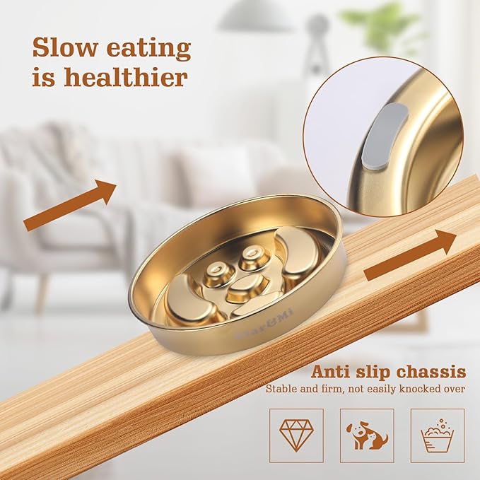 Golden Stainless Steel Slow Feeder Dog Bowls – Non-Slip Metal Dog Bowl for Large & Medium Breeds, Puppy Puzzle Feeder – 2 Cup Capacity for Small to Big Pets – Durable Slow Feed Dog & Cat Food Dish