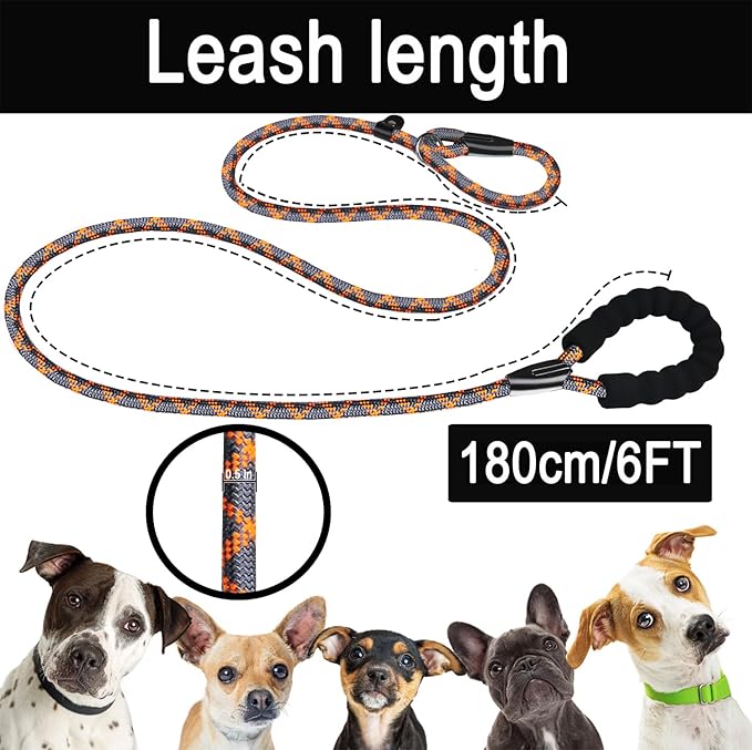 Dog Leash 6 FT, Durable Premium Quality Strong Training Rope Slip Leash with Comfortable Padded Handle and Highly Reflective Threads for Small Medium and Large Dogs, (Grey Orange)