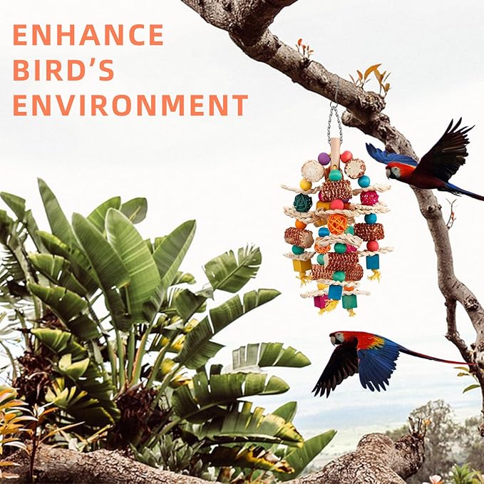 2 pcs Parrot Toys, Natural Corn Cob Bird Chewing Toys and Bird Swing Toy, Bird Cage Accessories for Cockatiels, African Grey Parrots, Macaws, Sun Conure to Exercise Beak Strength