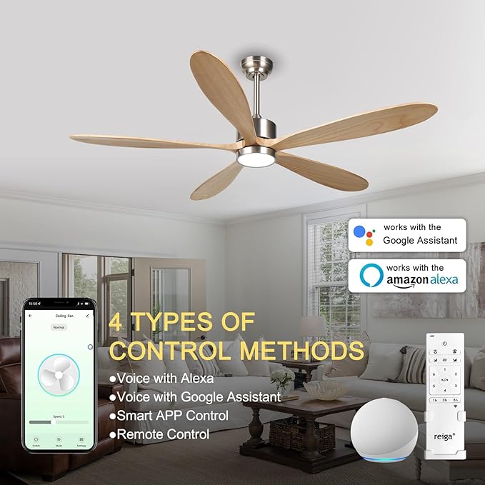 reiga 60 Inch Large DC Motor Outdoor Ceiling Fan with Dimming LED Light Kit, Alexa, Google Home, App and Remote Control, 5 Natural Wood Propeller Blades for Patio Garage Farmhouse and Porch