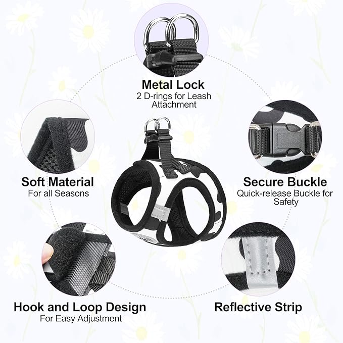 BEAUTYZOO Small Dog Harness and Leash Set, Cow Print Step in Dog Harness No Pull No Choke Puppy Harness Reflective for XXS XS S Dogs Cats, Soft Padded Mesh Vest Harnesses Girl and Boy Pets