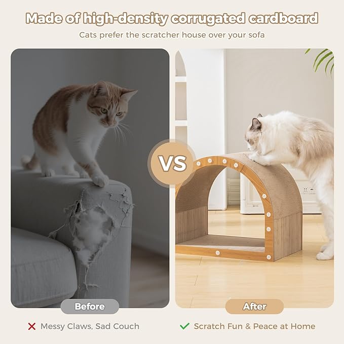 Avont Cardboard Cat Scratcher House, Kitten Scratching Tunnel Board, Modern Scratch Pad for Indoor Cats, Durable Corrugated Cardboard Scratcher for Kitty