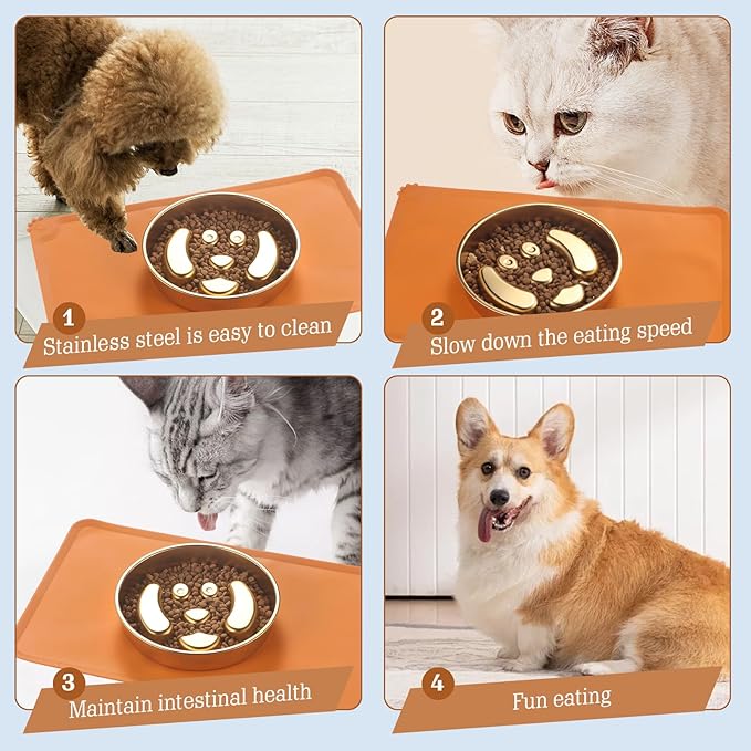 Golden Stainless Steel Slow Feeder Dog Bowls – Non-Slip Metal Dog Bowl for Large & Medium Breeds, Puppy Puzzle Feeder – 2 Cup for Small to Big Pets – Durable Slow Feed Dog & Cat Food Dish with Mat