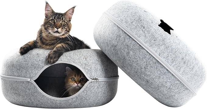 Cattasaurus Peekaboo Cat Cave Donut for Multiple & Large Cats up to 30-45 lbs, 3-in-1 Self Warming Cat Bed, Tunnel & Scratcher for Indoor Cats, Washable & Detachable (Light Gray + Light Gray, Large)