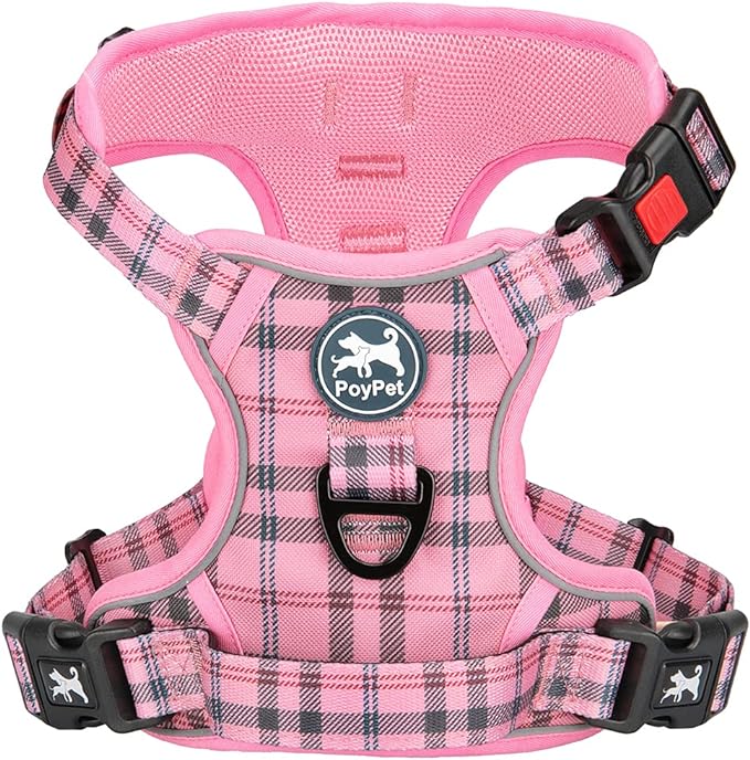 PoyPet No Pull Dog Harness, [Release at Neck] Reflective Adjustable No Choke Pet Vest with Front & Back 2 Leash Attachments, Soft Control Training Handle for Small Dogs(Checkered Pink,XS)