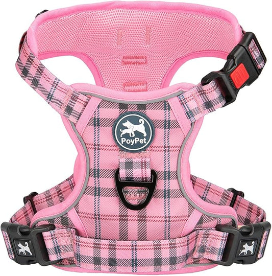PoyPet No Pull Dog Harness, Reflective Adjustable No Choke Pet Vest with Front & Back 2 Leash Attachments, Soft Control Training Handle for Small Medium Large Dogs(Checkered Pink,S)