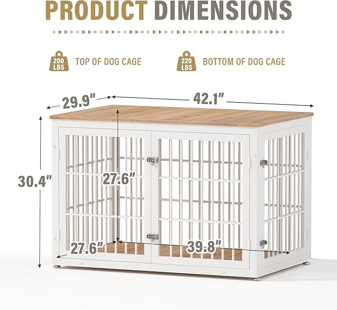 42 Inch Heavy Duty Dog Crate Furniture for Large and Medium Dogs, Decorative Pet House End Table, Wooden Cage Kennel Furniture Indoor, Natural and White