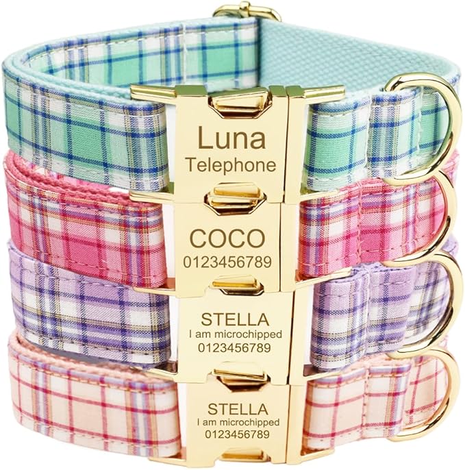 Custom Dog Collar with Metal Buckle - Pet Collars Personalized with Name and Phone Number (New Plaid Style)