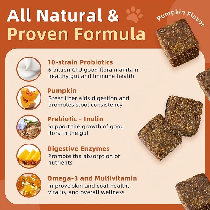 ZEBORA Probiotics for Dogs - Dog Probiotics, Pumpkin for Digestive & Gut Health, Digestive Enzymes & Prebiotic for Occasional Diarrhea, Support Immune, Skin & Allergies, 120 Soft Chews, Pumpkin Flavor