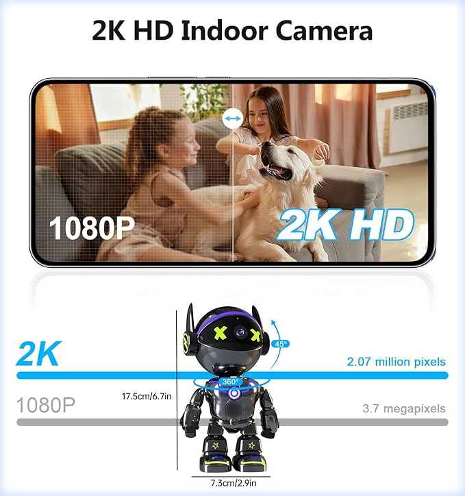 Cameras for Home Security Indoor Robot, 2K 2.4&5Ghz Indoor Camera WiFi Wireless Pet/Nanny/Dog Camera Phone App, Human Detection Color Night Vision, 2 Way Talk, AI Notification Smart Search Monitor Cam