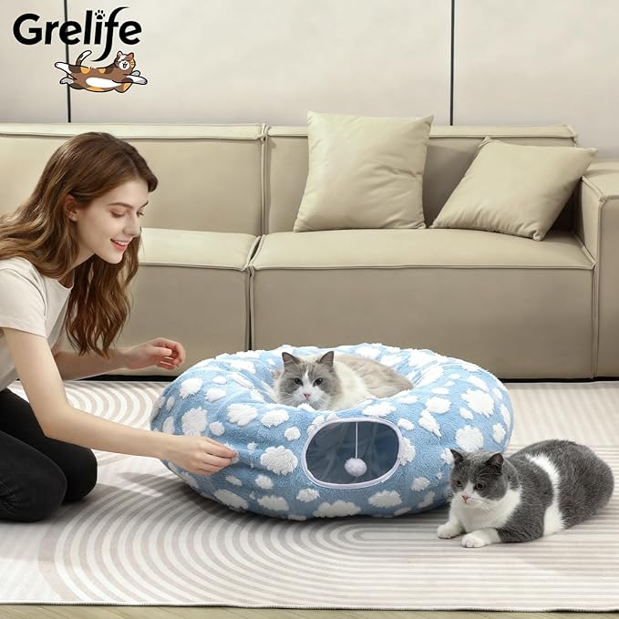 Grelife Cat Tunnel Bed for Indoor Cats, Cat Tunnel Christmas Tree Skirt with Washable Soft Plush, Cat Donut Tunnel Toys with Non-Slip Base, Perfect for Cats, Kittens, Small Pets(33.53")