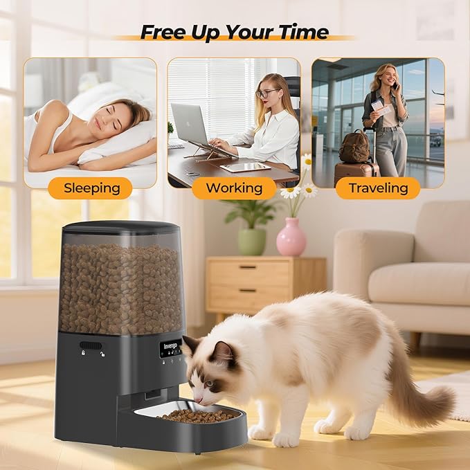 Automatic Cat Feeder with App Control, 5L Food Dispenser for Cats and Small Dogs, 2.4/5G Wi-Fi, Dual Power, Programmable Portions, Anti-Jam & Fresh-Lock, Stainless Steel Bowl, Easy to Clean