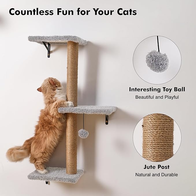 5-in-1 Cat Wall Shelves, Multi-Level Cat Climbing Furniture, Perch & Lounge for Indoor Cats, Space-Saving Wall Mounted Shelves for Play & Rest (Natural Wood) - Light Gray