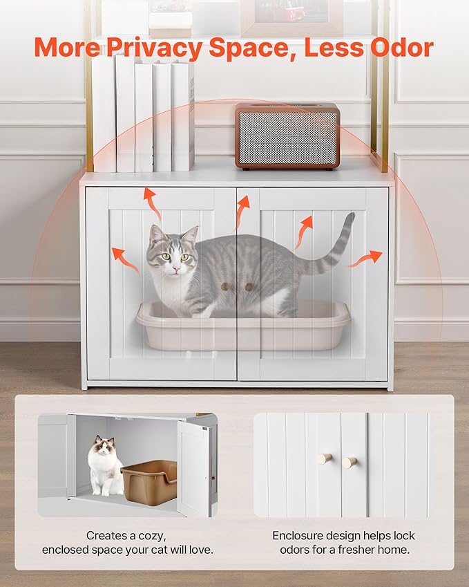 VEVOR Cat Litter Box Enclosure Furniture, 27.6 in Hidden Litter Box Cabinet with Metal Legs & 2-Tier Storage Shelves, Waterproof Washroom Cat House, Fit Most of Litterbox, for Living Room