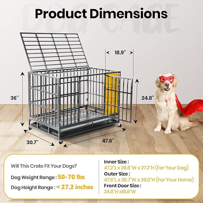 Oranland 48 inch Heavy Duty Indestructible Dog Crate,2025 New Upgraded Reinforced Baseplate for Large Dogs,XL Dog Crate for High Anxiety Dogs/Max Load Capacity 250lbs/Double Door with Wheels（Silver）