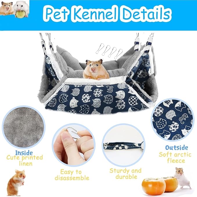2 Layers Pet Rat Hammock, Double Sided Warm Flece & Linen Hammock for Cage, Hamster Guinea Pig Ferret Chinchilla Small Animal Bed, Hanging Hideout Swing Cage Accessories