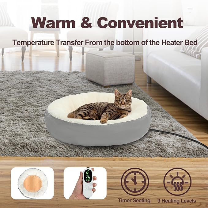 Rypet Heated Cat Bed Indoor, Soft & Cozy Donut Heated Pet Bed with Timer and Timer, Adjustable Temperature Heated Dog Beds for Small Dogs and Senior Cats with Chew Resistant Cord