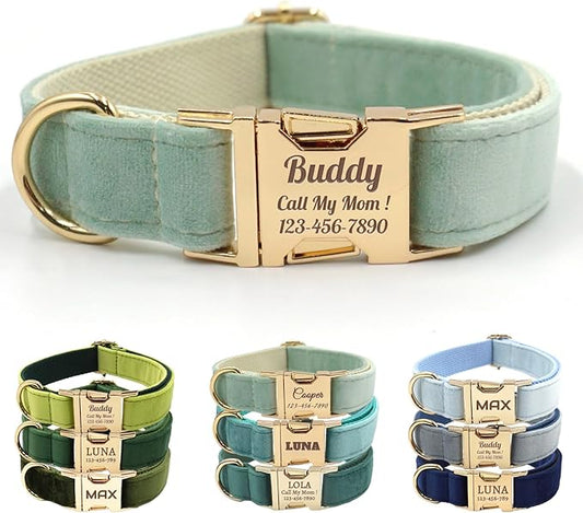 Velvet Personalized Dog Collar with Name - Customizable Dog Collar with Quick Release Metal Buckle - Leash and Bow Tie Available (Celadon, S)