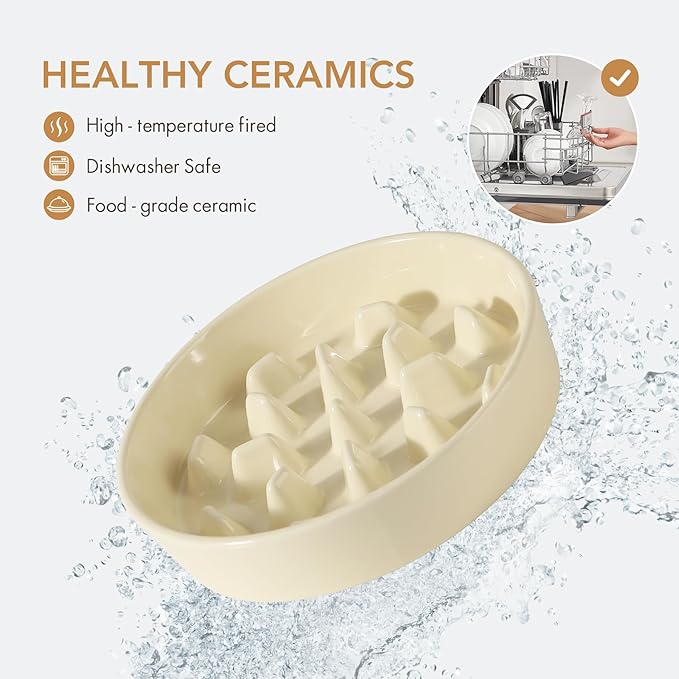 Ceramic 3.2 Cup Raised Slow Feeder Dog Bowl Set, Elevated 8.2inch Bowl and 9.5inch Slow Pet Food Dish with Wooden Stand for Large Dog (2 x Beige+ Stand)