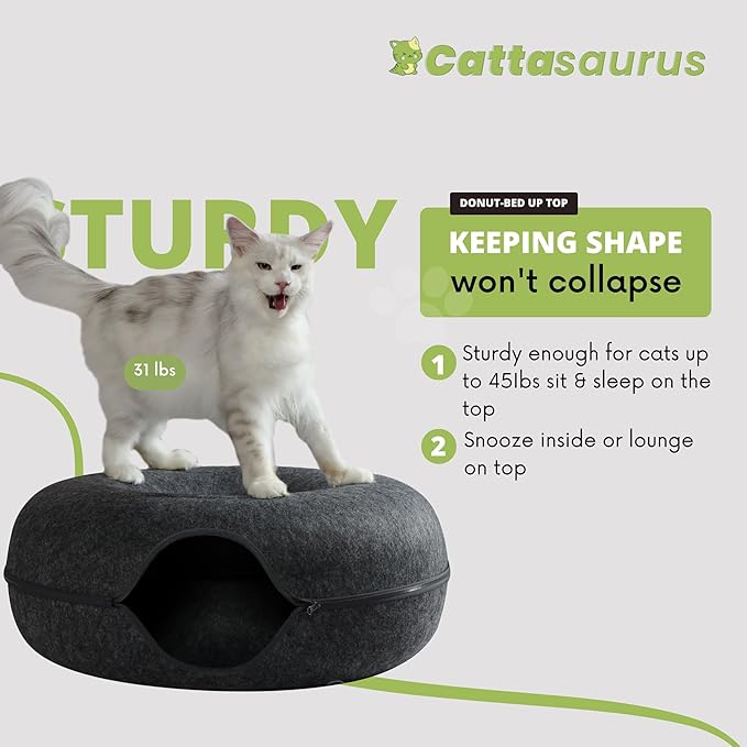 Cattasaurus Peekaboo Cat Cave Duo Jumbo Set, Extra Spacious Cat Donut for Multiple & Large Kitty 15+ lbs, Scratch Detachable Cat Beds for Indoor Cats, Washable Cat Tunnel Bed, Best Kitten Toys