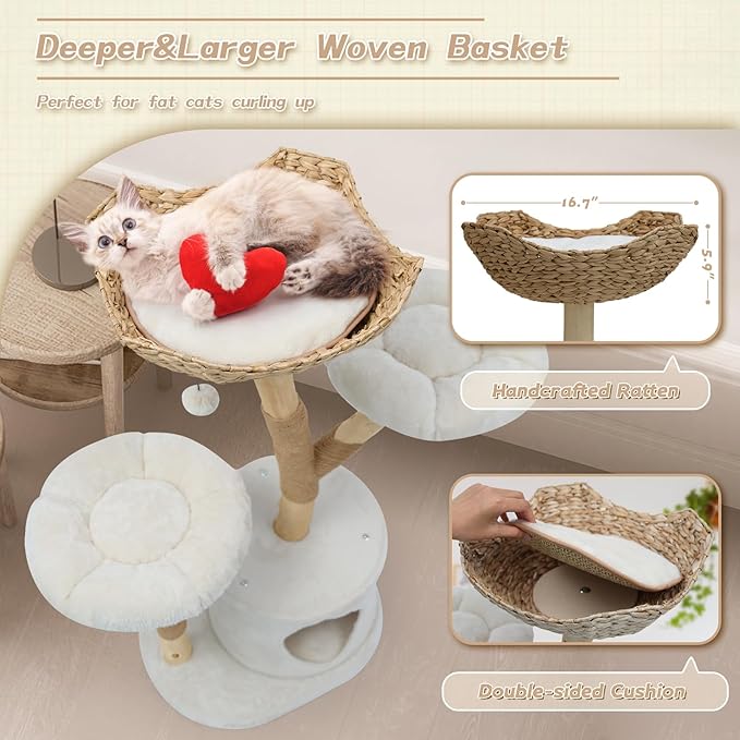 MOLACHI Modern Cat Tree Tower, 41in Tall Real Solid Wood Cat Tree for Indoor Big Cats, Plush Multi-Level Cat Condo with Sisal-Covered Scratching Posts, Dangling Ballor Fun Play, Ideal Pet Gift