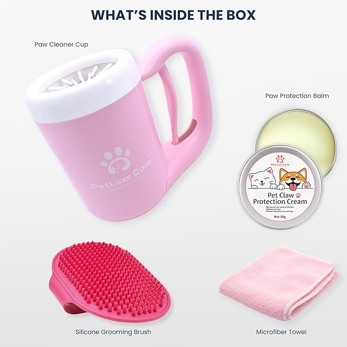 Dog Paw Cleaner Kit - Includes Paw Washer Cup, Towel, Pet Bath Brush & Moisturizing Balm - Dog Foot Washer for Muddy Paws, ideal for Small & Medium Dogs (Pink, Medium)
