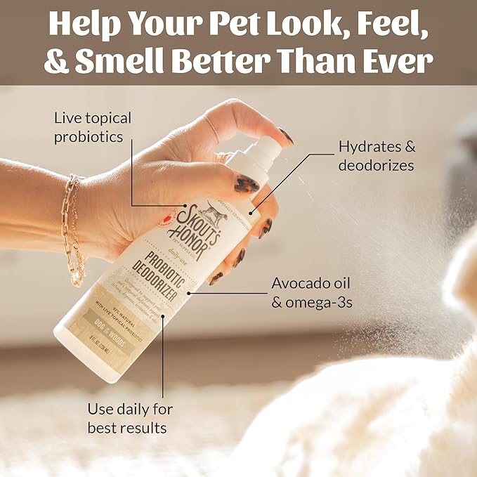 SKOUT'S HONOR Probiotic Pet Deodorizer Spray- Hydrating Daily-Use with Avocado Oil & Omega-3s, Microbiome Friendly Certiified, Paraben & Sulfate-Free, 97% Natural, 8oz, Dog of The Woods