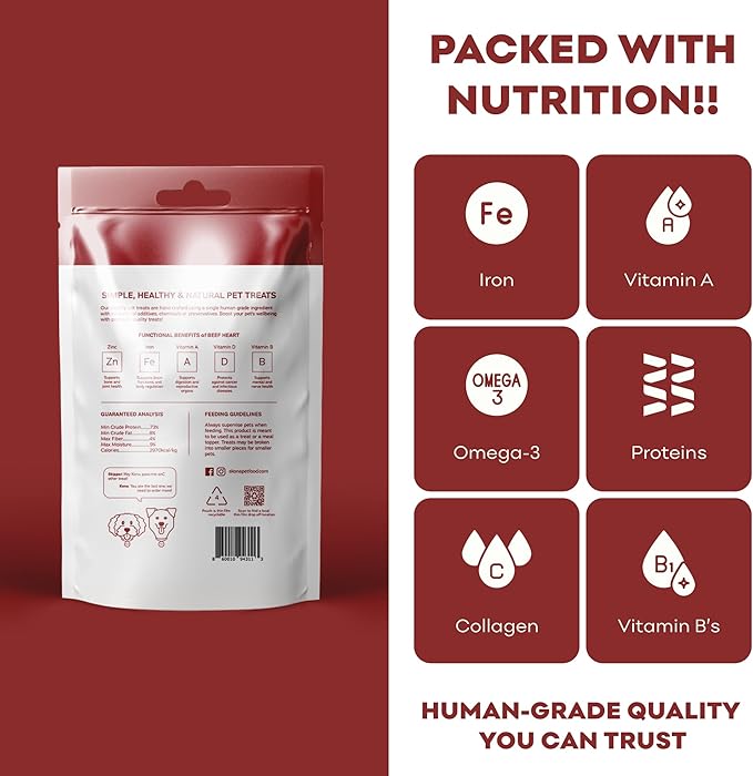 Skona PetFood Beef Heart Jerky Dog Treats & Cat Jerky Treats, High Protein, Single-Ingredient Training Snacks, Grain-Free, USA Made, Rich in Taurine, Supports Digestion & Dental Health, 4oz