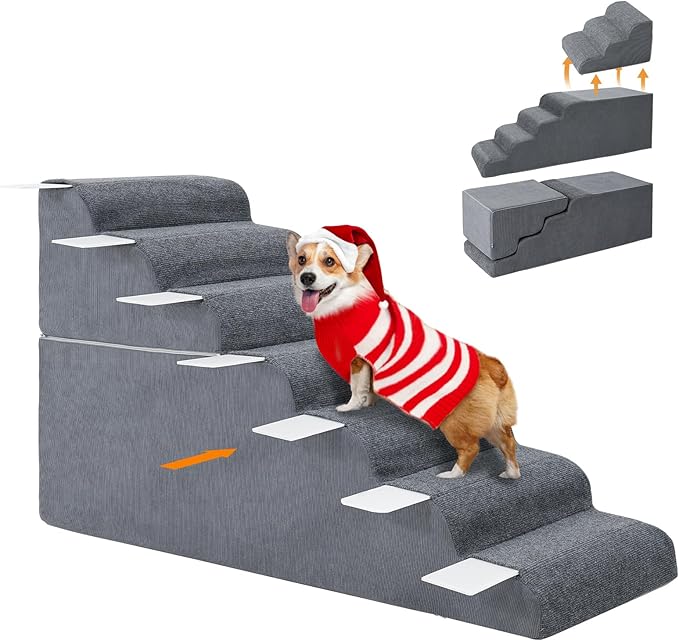 7-Steps Dog Stairs for High Bed and Couch 29.5" H, Wider Pet Stairs for Small Old Large Dogs Cats, 30°Steady Non-Slip Dog Steps, Washable Dog Ramp with Removable Cover, PE Boards