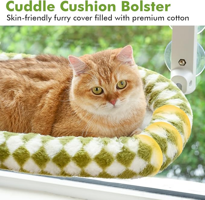Cat Window Perch with Bolster, Cordless Foldable Cat Window Hammock with Strong Suction Cups & Metal Frame, Machine Washable Pet Bed for Indoor Cats (Green, Medium)