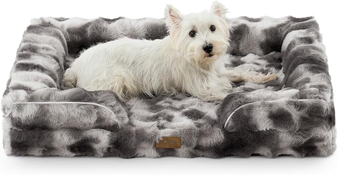 Orthopedic Dog Bed for Large Medium Size Dog, Soft and Warm Faux Fur Sofa for Pet Up to 75 lbs, Foam Bolster Anti-Slip Couch with Washable Removable Cover, L 36x27x6.5 inch, Tie Dye Grey
