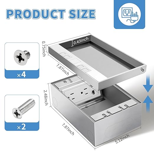 Vagueior Recessed Flat Hidden Floor Electrical Outlet Kit,with 4 * 15A Receptacle+1 * 5V 2.1A USB Charging Ports+2-Port RJ45 Datacom Receptacle，Waterproof Electrical Outlet Covcer Box,Silver