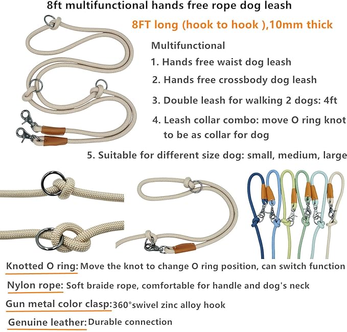8FT Hands Free Dog Rope Leash, Waist Body Running Leash for Dog Walking (Beige, 8FTx10MM)