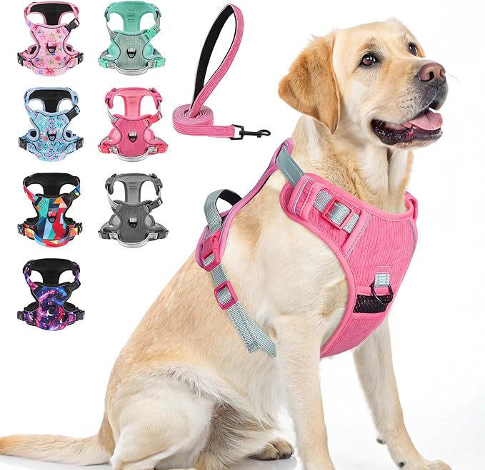 BEAUTYZOO No Pull Dog Harness Large, Adjustable Dog Harness and Leash Set -Easy Wearing with 3 Buckles/Control Handle,No Choke Soft Padded Reflective Pet Vest for Training Walking Hiking,Rose L