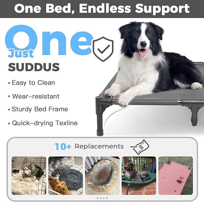 Suddus Elevated Dog Bed for Large Dogs 140lb, Breathable Cooling Raised Dog Cot with Dual Support Bars & Metal Frame, No-Slip Feet, Waterproof Pet Bed for Indoor/Outdoor, X-Large, 48 * 36 * 9in, Grey