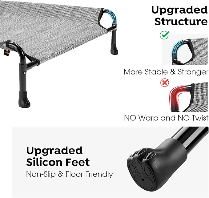 Veehoo Elevated Dog Bed, Raised Dog Cots for Large Dogs, Waterproof Outdoor Dogs Bed, Cooling Pet Hammock with Guardrail, Upgraded Non-Slip Feet, Breathable Teslin Mesh, Black Silver, 53x 33 inches