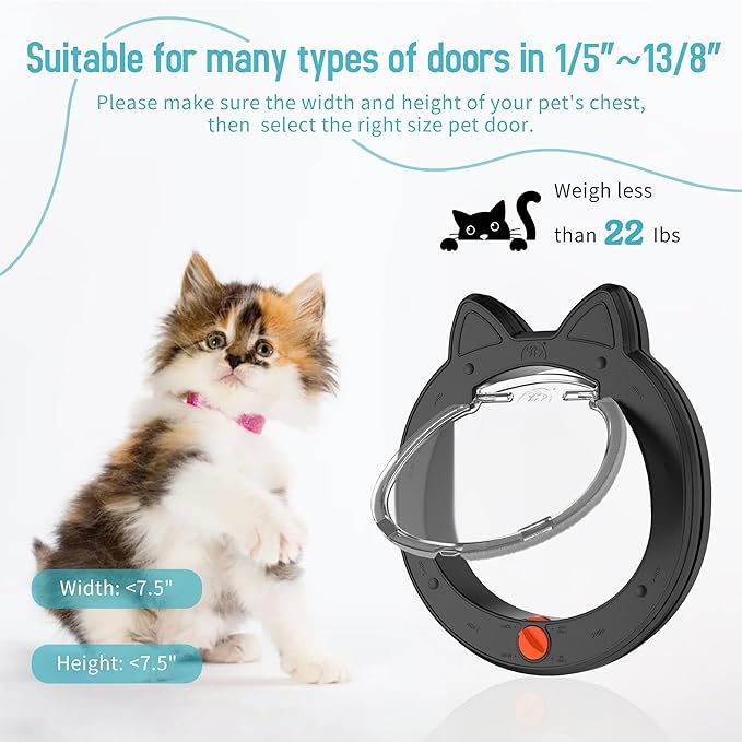 ClawJaw Pet Door, Cat Door for Interior Exterior Doors, 7.5" x 7.5" Inner Frame, 4-Way Locks, for Cats and Small Dogs, Easy to Install, Suitable for Interior and Exterior Doors, Black