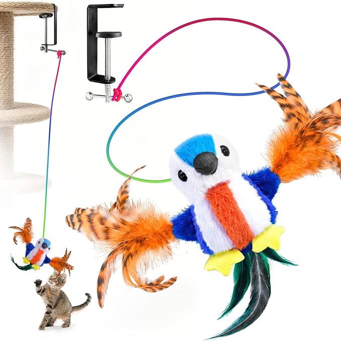 Cat Toys Flapping Bird, Interactive Catnip Cat Toy with Touch/Timed Automatic Activate, Multi Functions Parrot Toy, Lifelike 4 Animal Sounds, Rechargeable Kicker Exercise Toys for All Breeds
