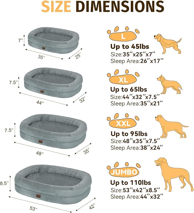 Orthopedic Waterproof Large Dog Bed: Memory Foam Washable Dog Bed with Bolsters - Removable Orthopedic Cover for Medium L XL Large Sized Pet - Non-Slip Bottom - Grey
