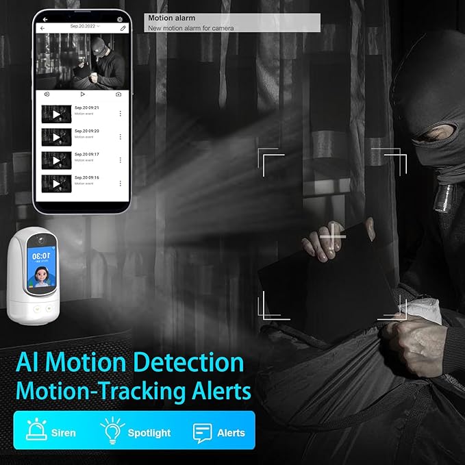 2-Way Video/Audio Security Camera Screen WiFi AI Detection Puppy/Pet/Cat/Elderly/Dog Monitor Wireless Facetime Cam Voice Phone APP Controlled Sound Video Calling Devices for Grandpa, White