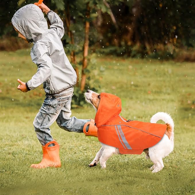 VIVAGLORY Wetoff Dog Raincoat, Rain Coat for Dog All Seasons Adventure, Rain Jacket with Harness Hole & Hood, Reflective Lightweight Waterproof for Doggy & Puppy, XS, Orange